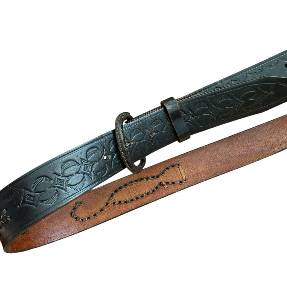 Mens black leather embossed tool, braided black belt